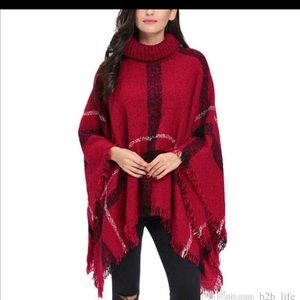 High Turtleneck Plaid Print Poncho